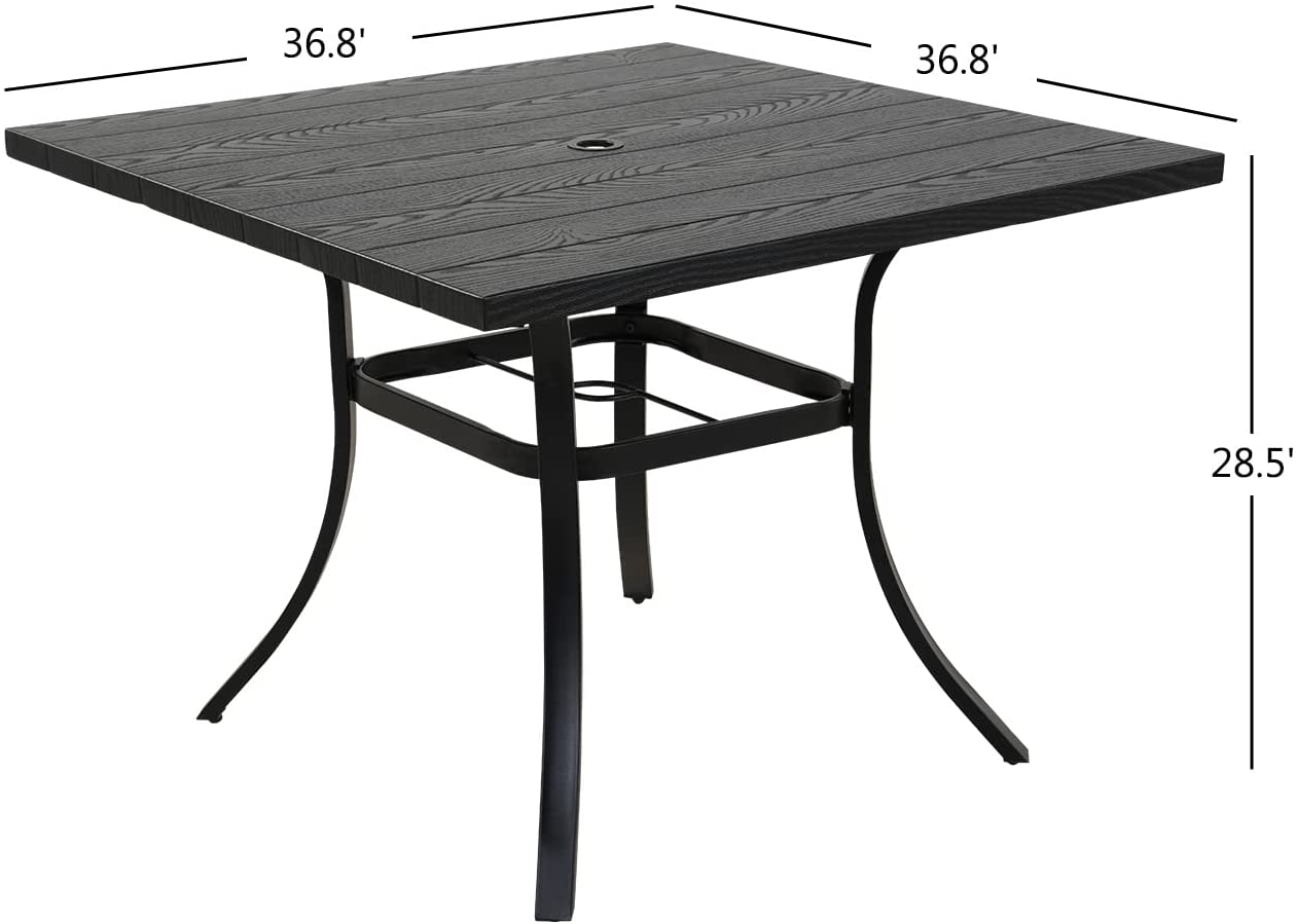 5 Piece Outdoor Dining Table Set, Woodgrain-Look Metal Table and Wicker Chairs for 4