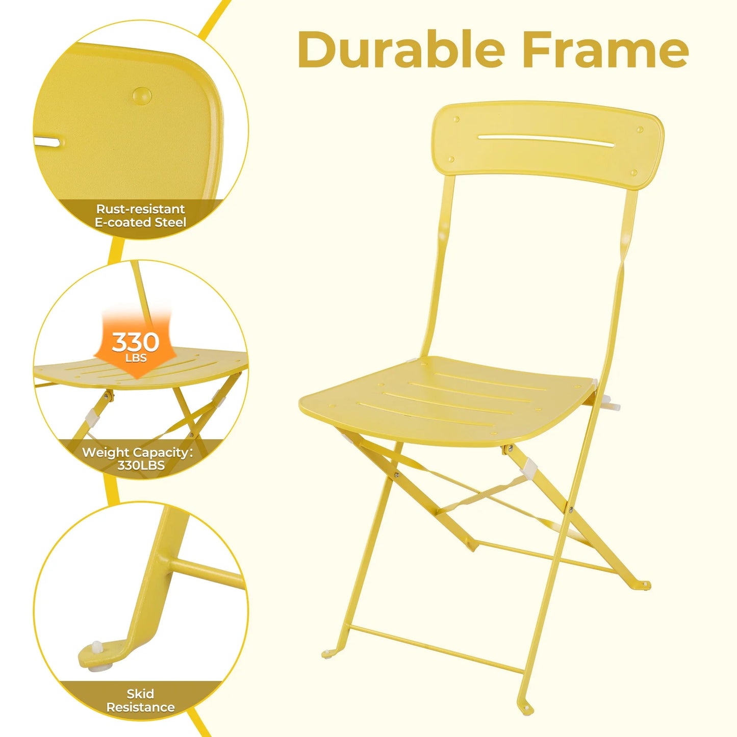 3-Piece Foldable Bistro Set with Round Table - All-Weather Steel Frame