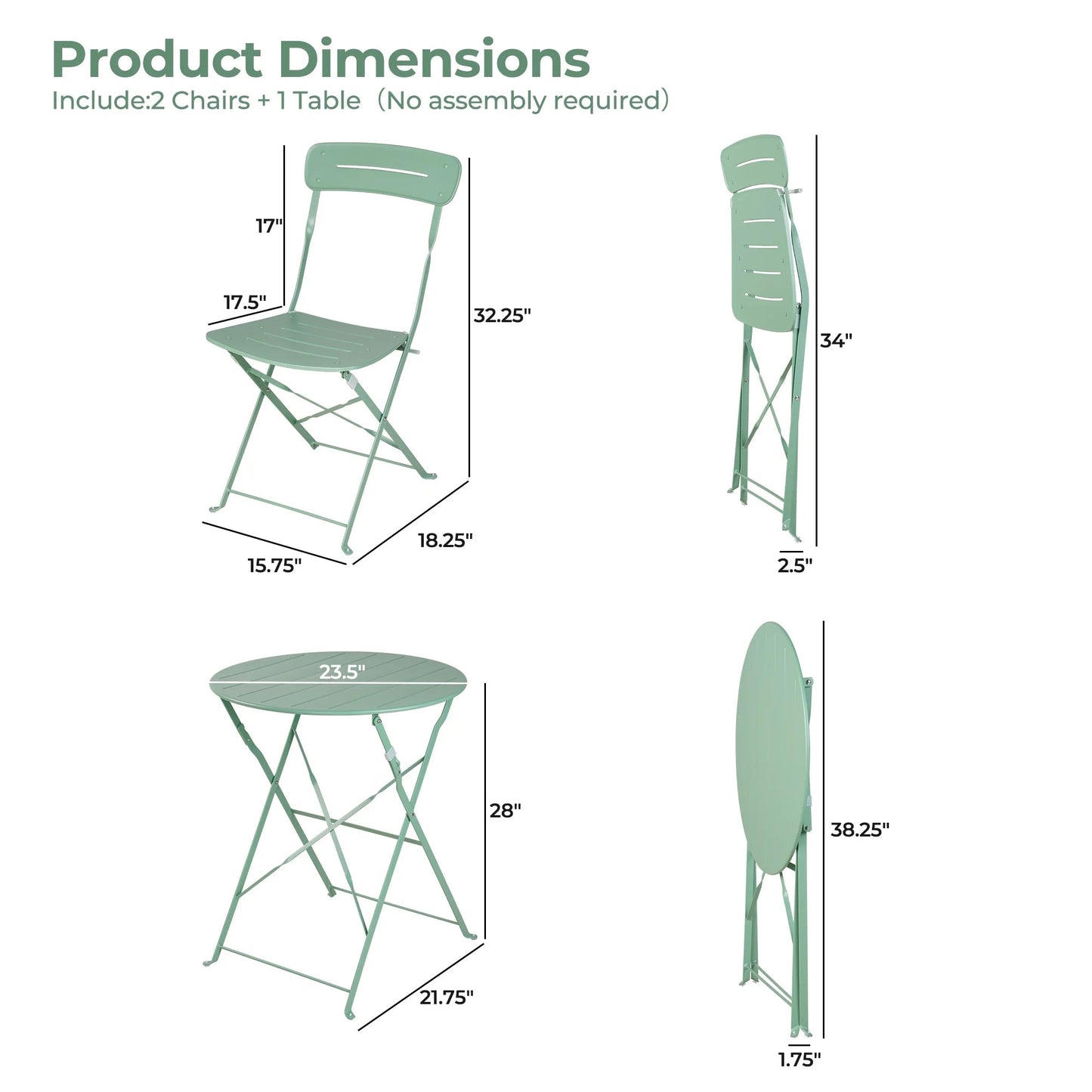 3-Piece Foldable Bistro Set with Round Table - All-Weather Steel Frame