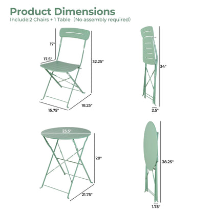 3-Piece Foldable Bistro Set with Round Table - All-Weather Steel Frame