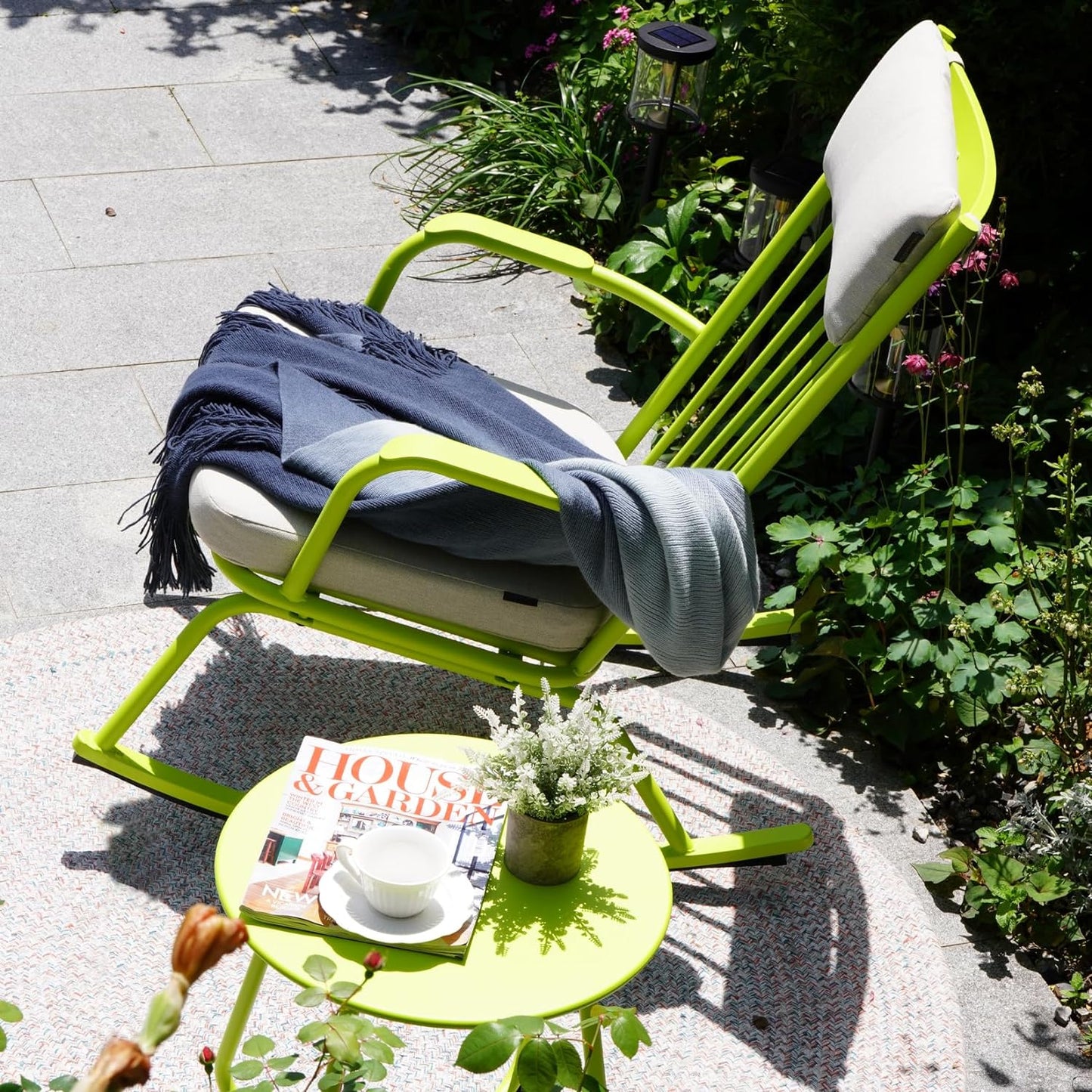 Outdoor Rocking Chair Set for 2, E-Coated Steel Rocking Chairs with Cushions and Side Table