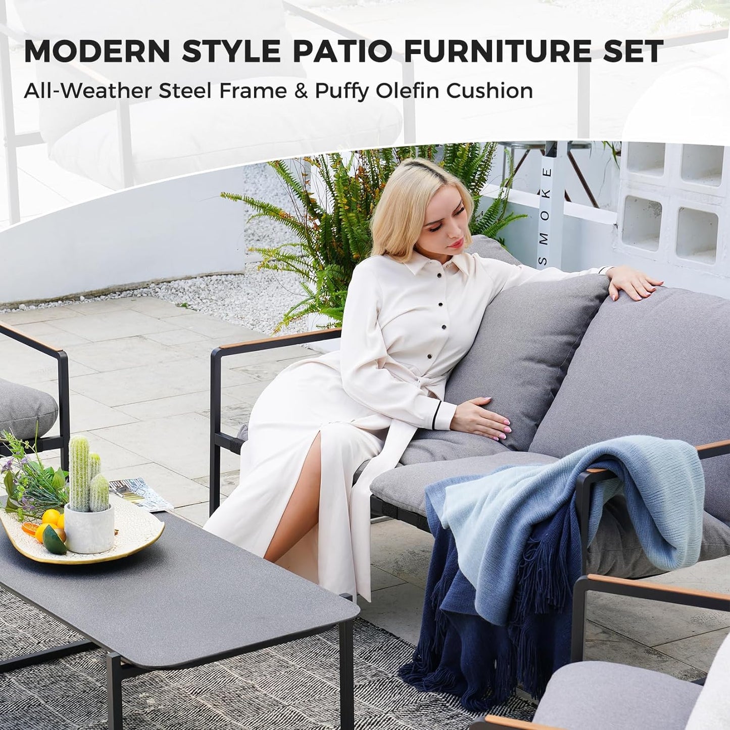 4-Piece Patio Furniture Set, Outdoor Patio Conversation Sofa Set with Cushion, Loveseat Chairs and Coffee Table