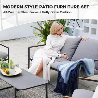 4-Piece Patio Furniture Set, Outdoor Patio Conversation Sofa Set with Cushion, Loveseat Chairs and Coffee Table