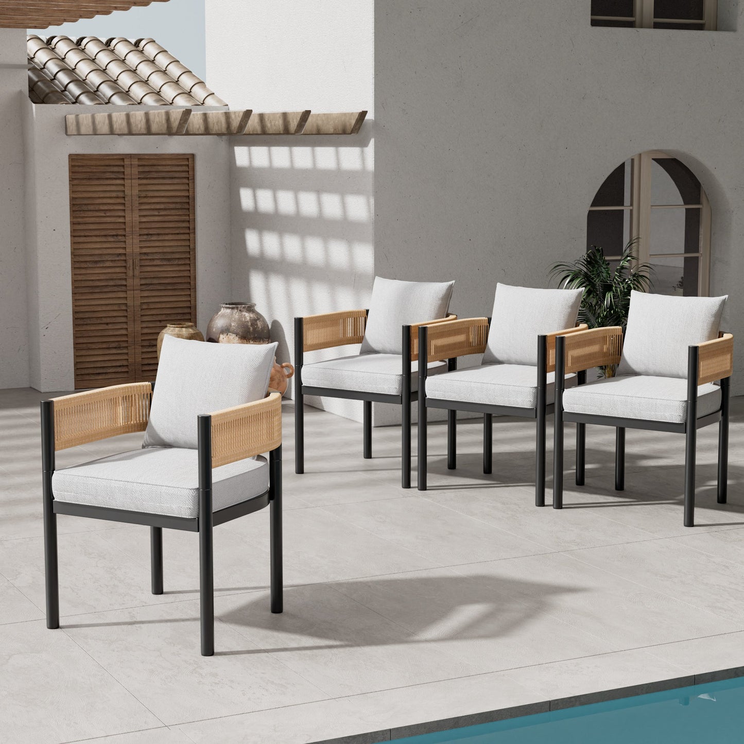 Steel Outdoor Dining Side Chairs, Patio Chairs with Grey Cushions