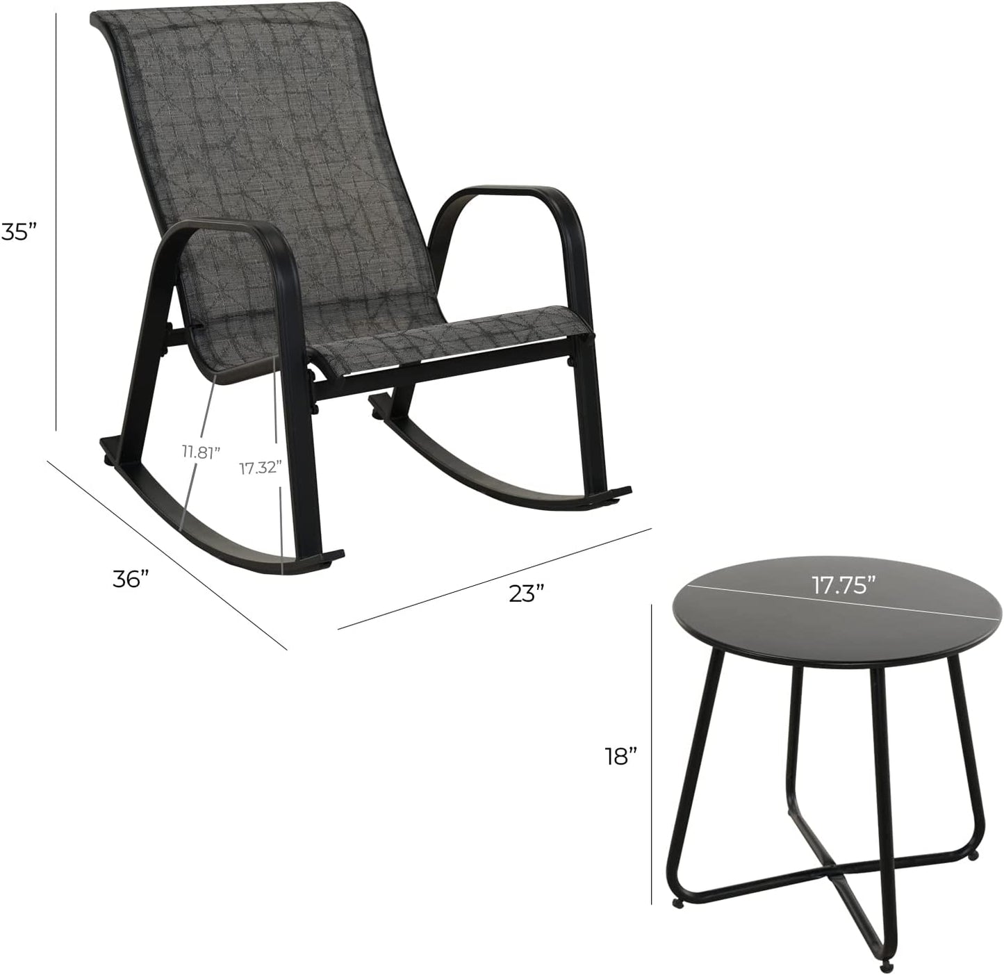 3-Piece Patio Bistro Rocking Chair Set, Steel Rocker Seating Outside for Front Porch, Garden, Patio, Backyard