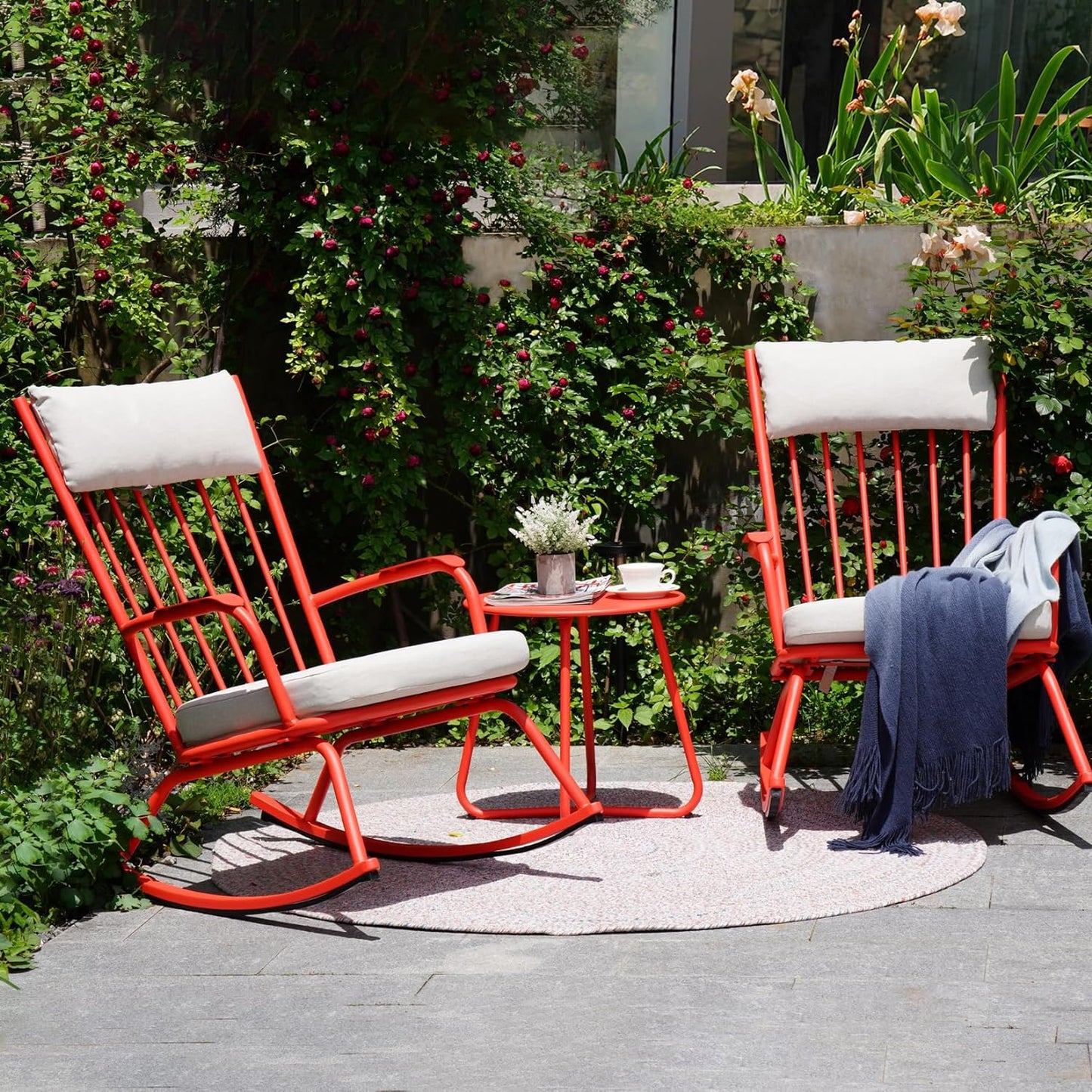 Outdoor Rocking Chair Set for 2, E-Coated Steel Rocking Chairs with Cushions and Side Table