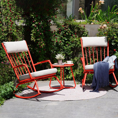 Outdoor Rocking Chair Set for 2, E-Coated Steel Rocking Chairs with Cushions and Side Table