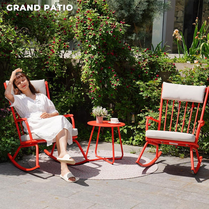 Outdoor Rocking Chair Set for 2, E-Coated Steel Rocking Chairs with Cushions and Side Table