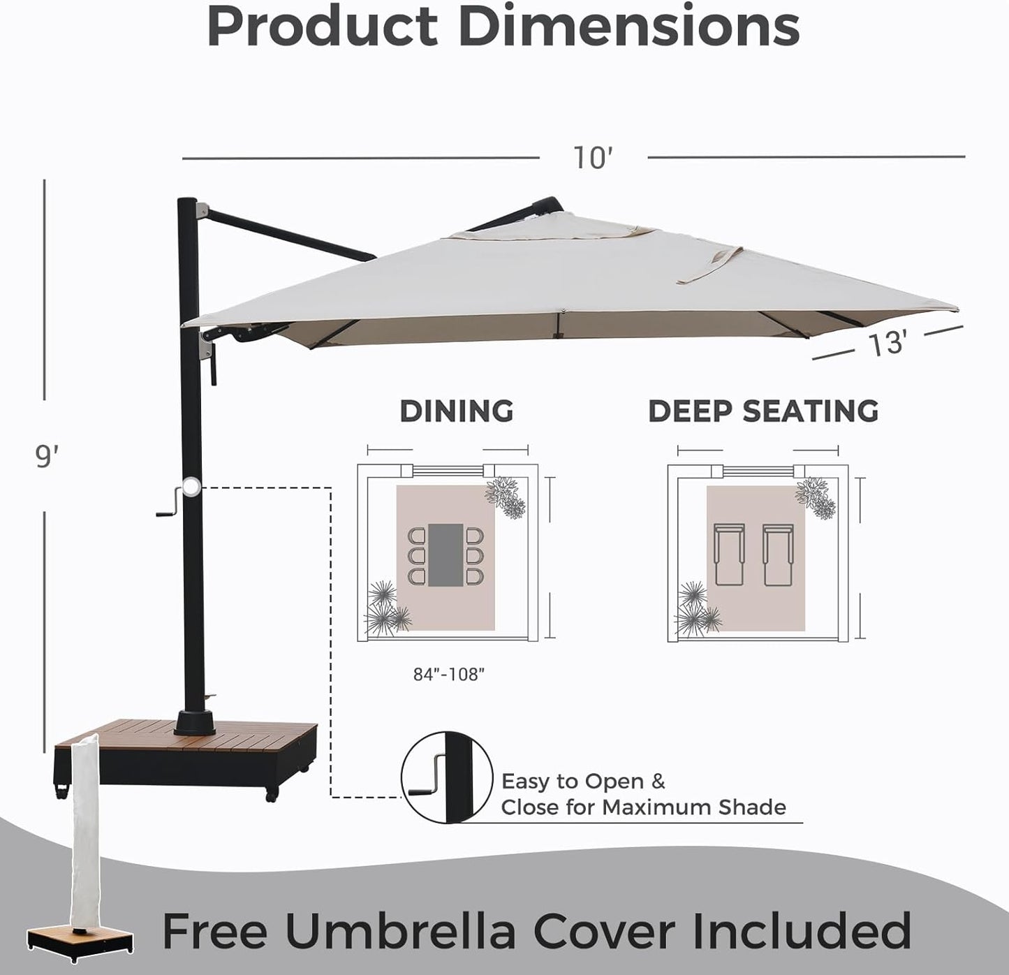 10x13 FT Acrylic Outdoor Cantilever Aluminum Umbrella with Large Base, with Cover, 5-Year-Non-Fading