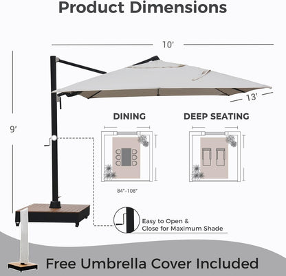 10x13 FT Acrylic Outdoor Cantilever Aluminum Umbrella with Large Base, with Cover, 5-Year-Non-Fading
