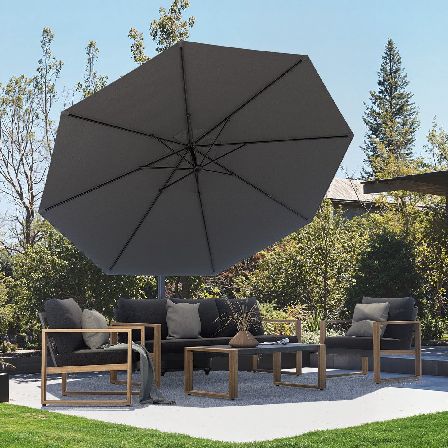 11 FT 12 FT Cantilever Patio Umbrella with Base, Round Large Offset Umbrellas for Garden Deck Pool