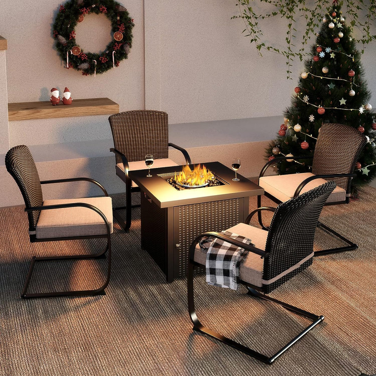 5-Piece Outdoor Dining Table Set with Fire Pit, 4 Outdoor Spring Dining Chairs
