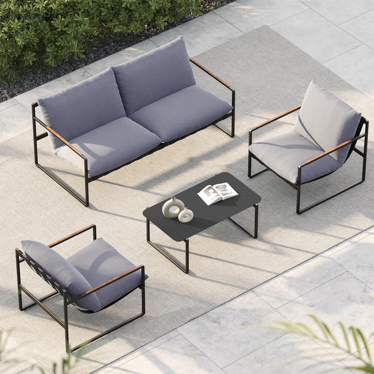 4-Piece Patio Furniture Set, Outdoor Patio Conversation Sofa Set with Cushion, Loveseat Chairs and Coffee Table