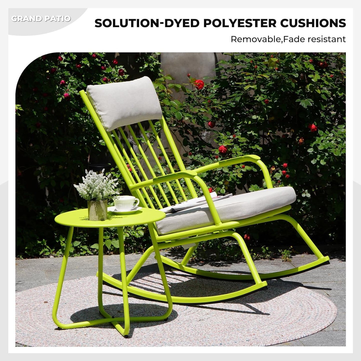 Outdoor Rocking Chair Set for 2, E-Coated Steel Rocking Chairs with Cushions and Side Table