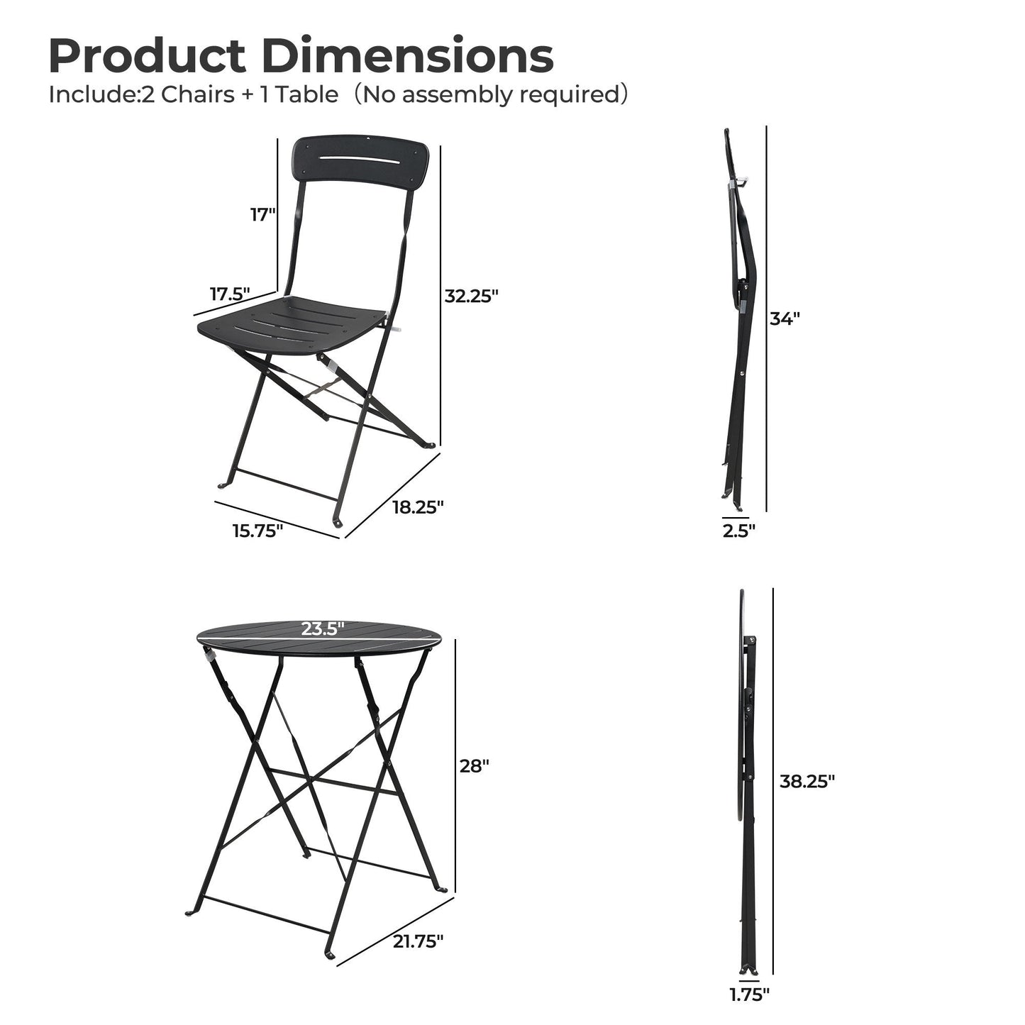 3-Piece Foldable Bistro Set with Round Table - All-Weather Steel Frame