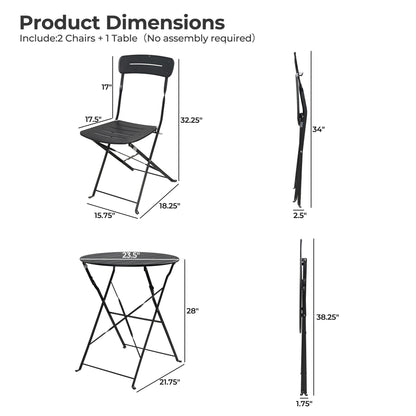 3-Piece Foldable Bistro Set with Round Table - All-Weather Steel Frame