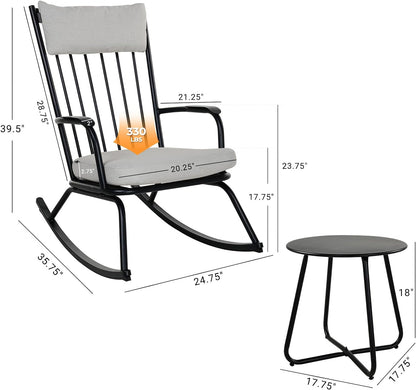 Outdoor Rocking Chair Set for 2, E-Coated Steel Rocking Chairs with Cushions and Side Table