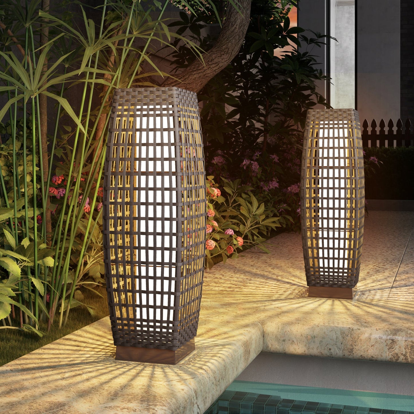 FUJI Solar-powered Woven Wicker Floor Lamp