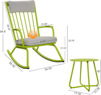 Outdoor Rocking Chair Set for 2, E-Coated Steel Rocking Chairs with Cushions and Side Table