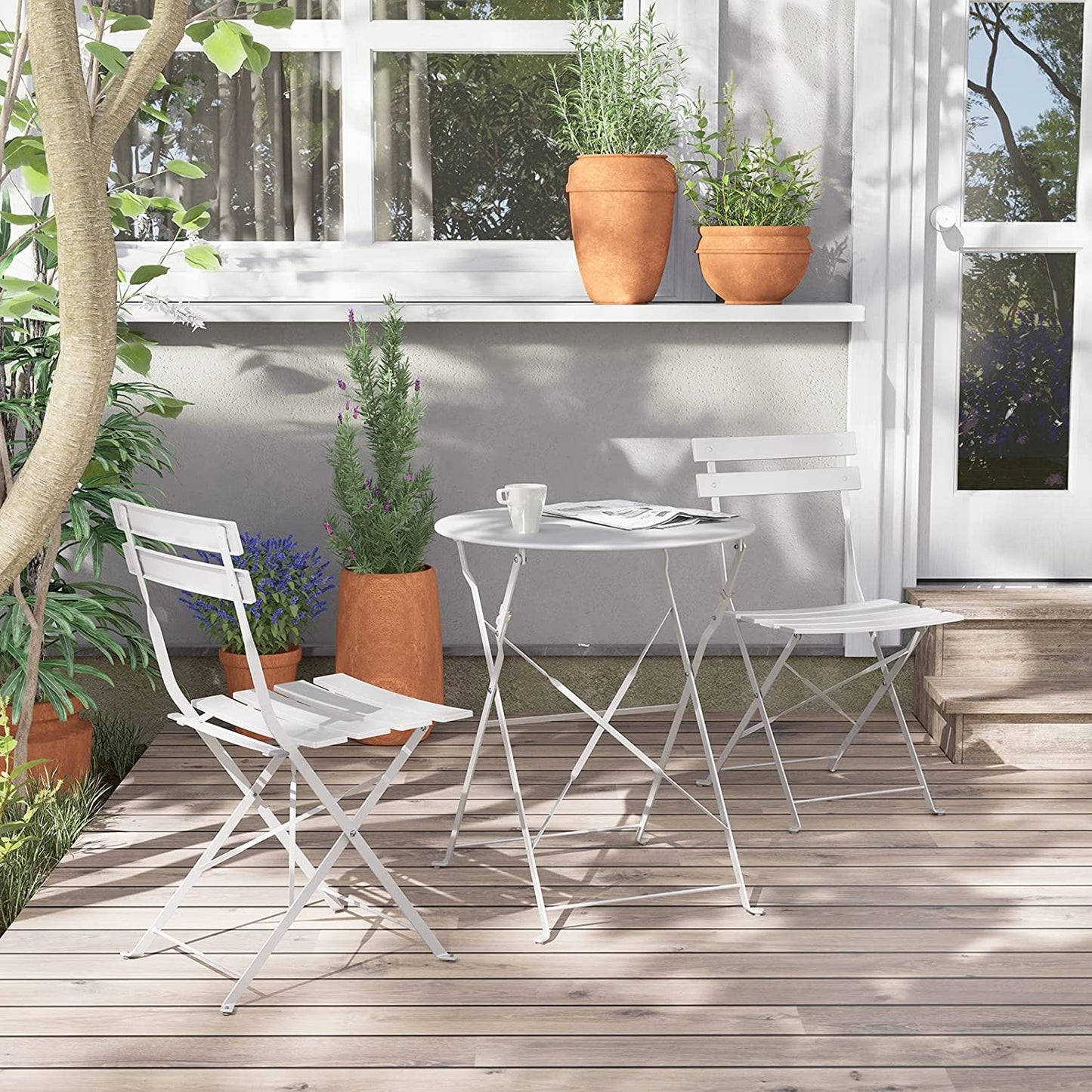 Premium Steel Patio Bistro Set with Cushion 3 Piece Patio Set of Foldable Patio Table and Chairs