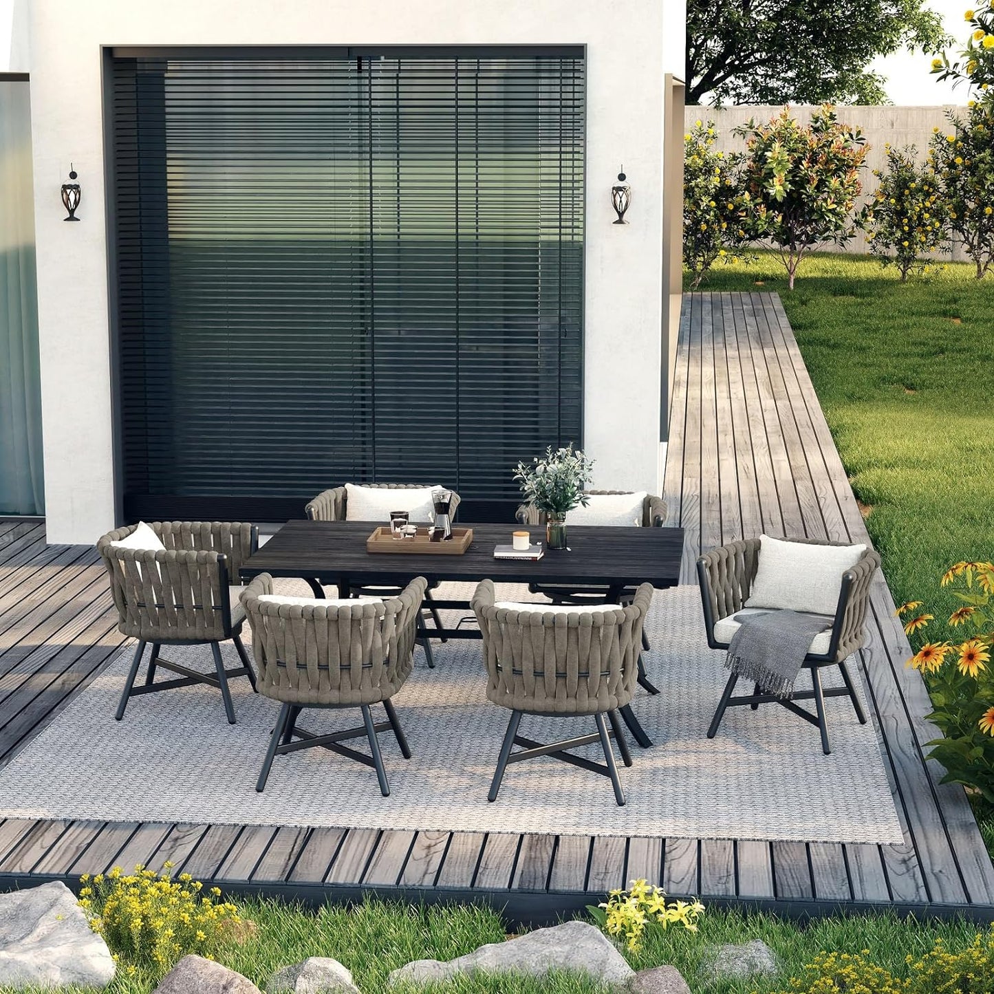 Dining Chair Set of 3, Swivel Rope Armchairs with Cushions and Round Side Table with Tile Tabletop