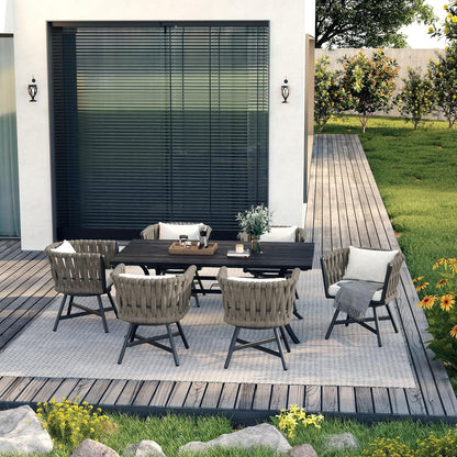 Dining Chair Set of 3, Swivel Rope Armchairs with Cushions and Round Side Table with Tile Tabletop